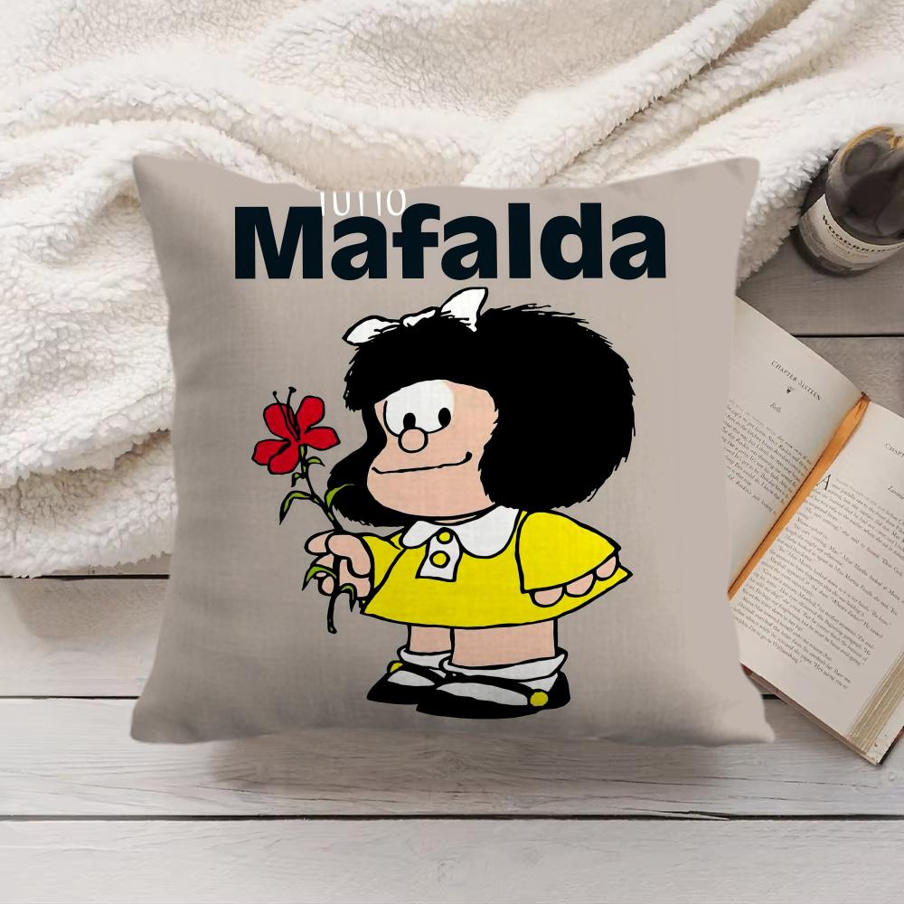 M-Mafalda Cartoon Cute Cushion Cover Silky Short Plush Invisible Zipper Dustproof Sofa Pillow Case For Home Decor
