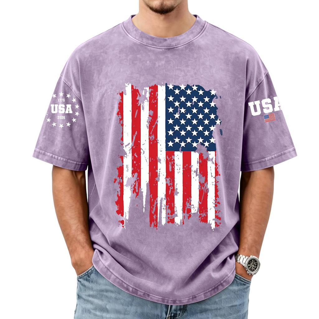 Men's Loose And Casual Flag-print T-shirt, Short Sleeve Shirt