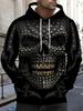Men'S Stylish Hooded Sweatshirt, Unisex 3D Skull Print Hoodie - Black Streetwear Pullover with Drawstring, Made of Knit Fabric, Halloween-Themed