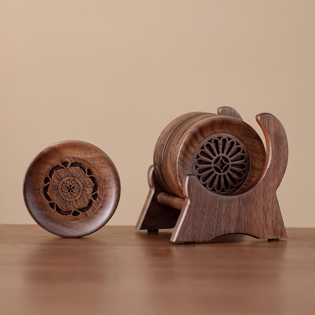 Circular Openwork Carved Tea Coaster Premium Walnut Wood Cup Holder Teapot Stand Cup Stand Gongfu Tea Set Accessories