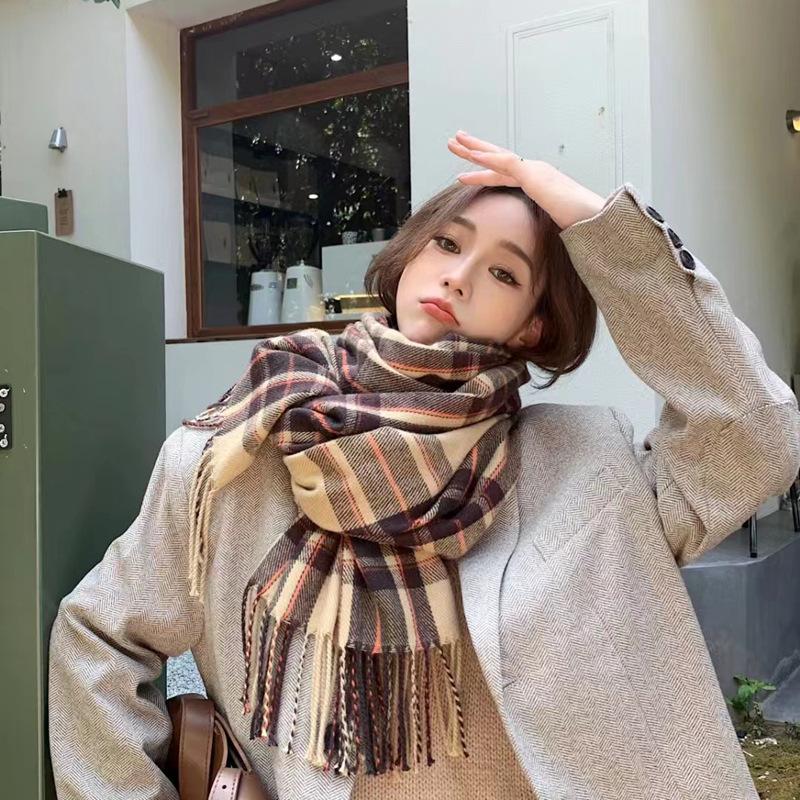 Women's Winter Plaid Imitation Cashmere Tassel Scarf, Thickened Korean Style Neck Warmer