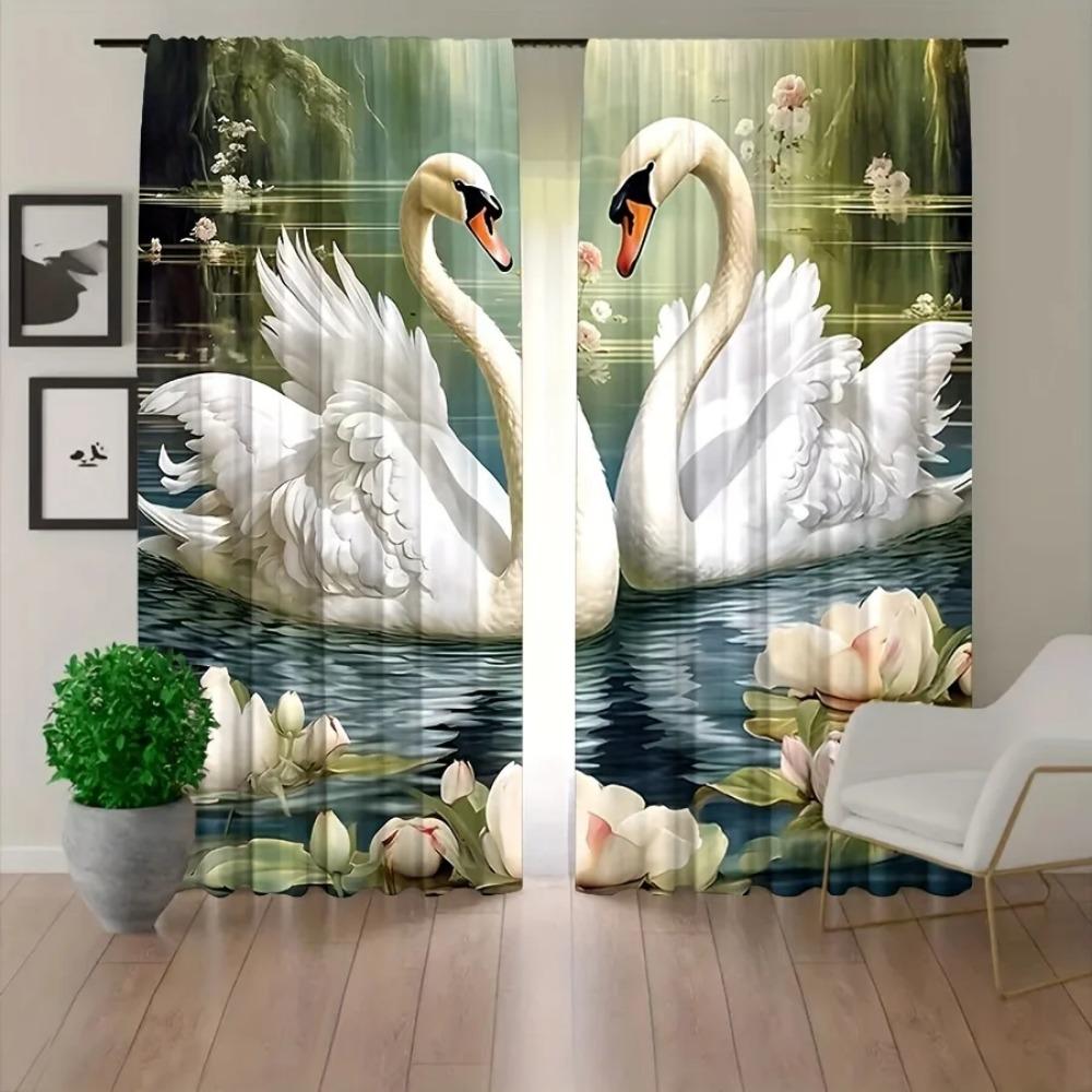 Red Rose Swan Waterside Heart Design Print Drape Privacy Protector Living Room Decor Curtain Valentine's Day Romantic Creative