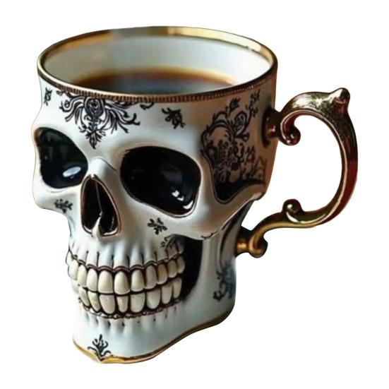 Gothic Skull Coffee Mug Royal Skeleton Cup with Gold Trim Resin Goth Tea Cup Unique Halloween Gift for Skull Lovers