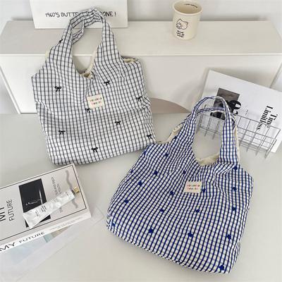 1 Summer New Blue Plaid Embroidered Small Flower Shoulder Shopping Bag Casual Portable Canvas Vest Bag
