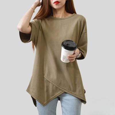 Large Size Women's Summer Irregular Slit Short Sleeve T-shirt Ladies Top Loose Mid To Long Style Basic Shirts