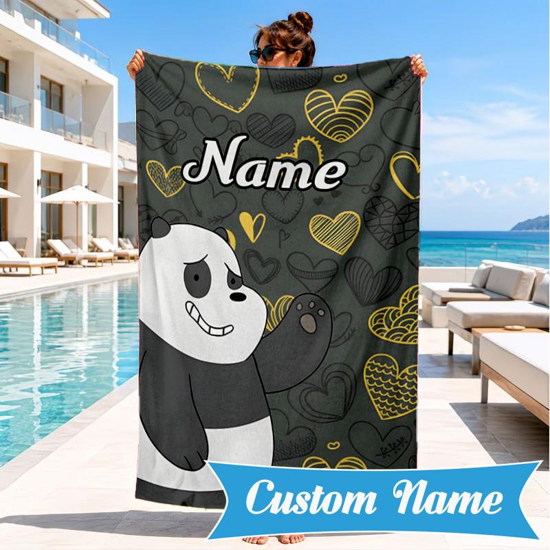 Custom Name Brown Bear Heart Love Beach Towel Microfiber Beach Towel, Lightweight and Quick-Dry, for Summer Travel, Swimming Pool Gift