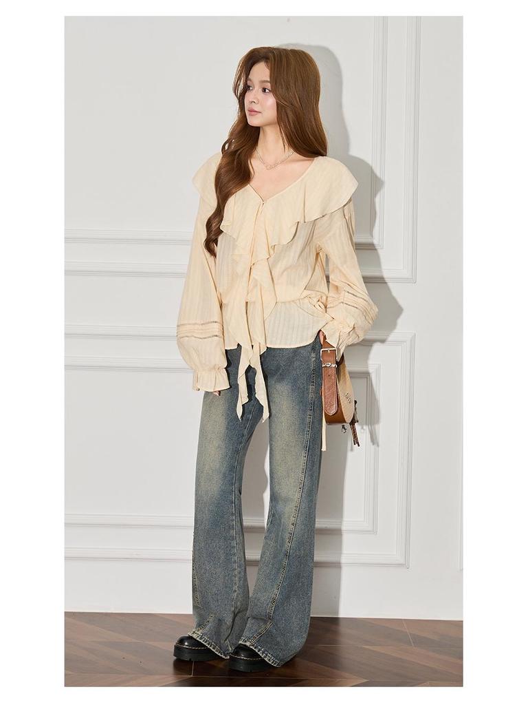 Damen French Apricot Rüschen V-Ausschnitt Laternenärmel Top