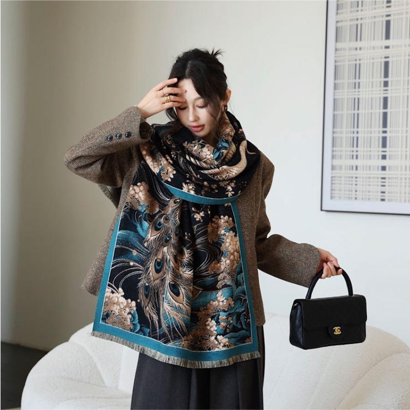 Autumn and winter new scarf female peacock oil painting imitation cashmere shawl versatile fashion thickened warm shawl scarf
