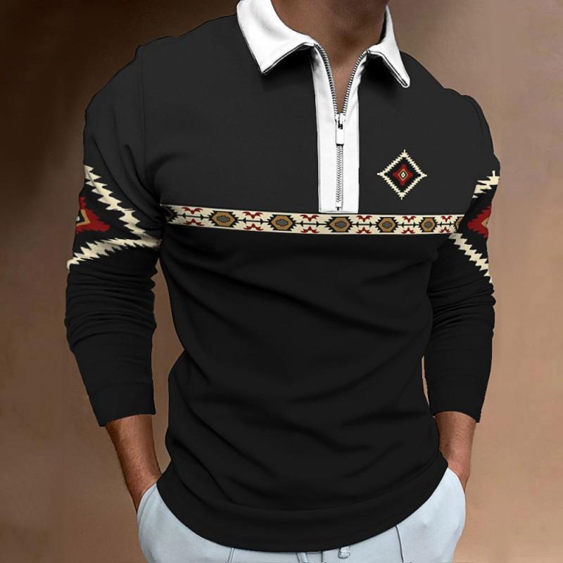 New Men's Cross-border Amazon Zipper Casual Slim Fit Men's Striped Digital Printed Long Sleeved Polo