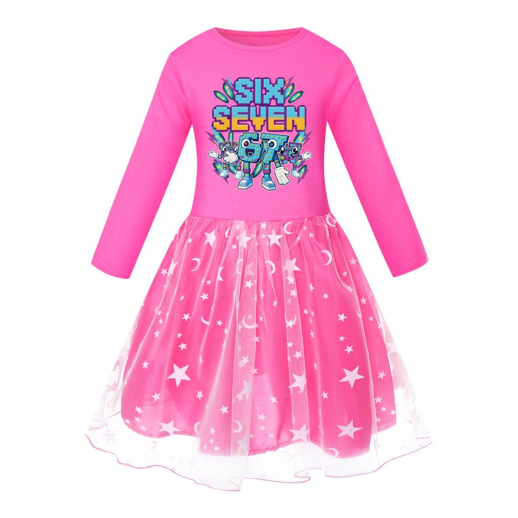 5220 Kids Girls Steal a Brainrot 67 Six Seven Print Mesh Rainbow Round Neck Casual Casual Cotton Dress