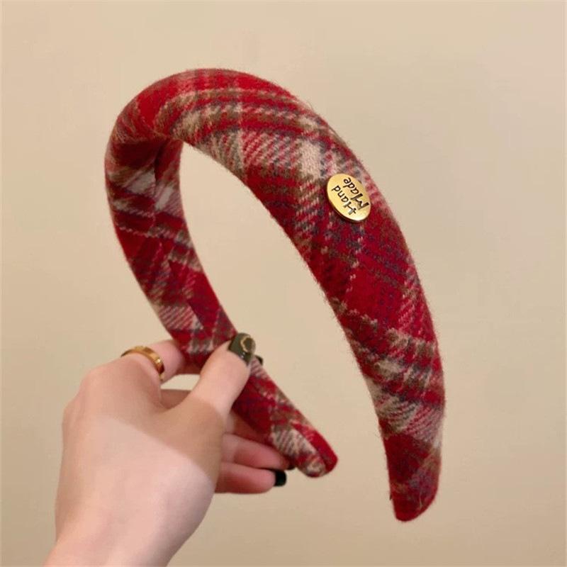 Atmospheric Red Autumn and Winter Plush High Skull Plaid Headband Women's High-end Headband Headwear