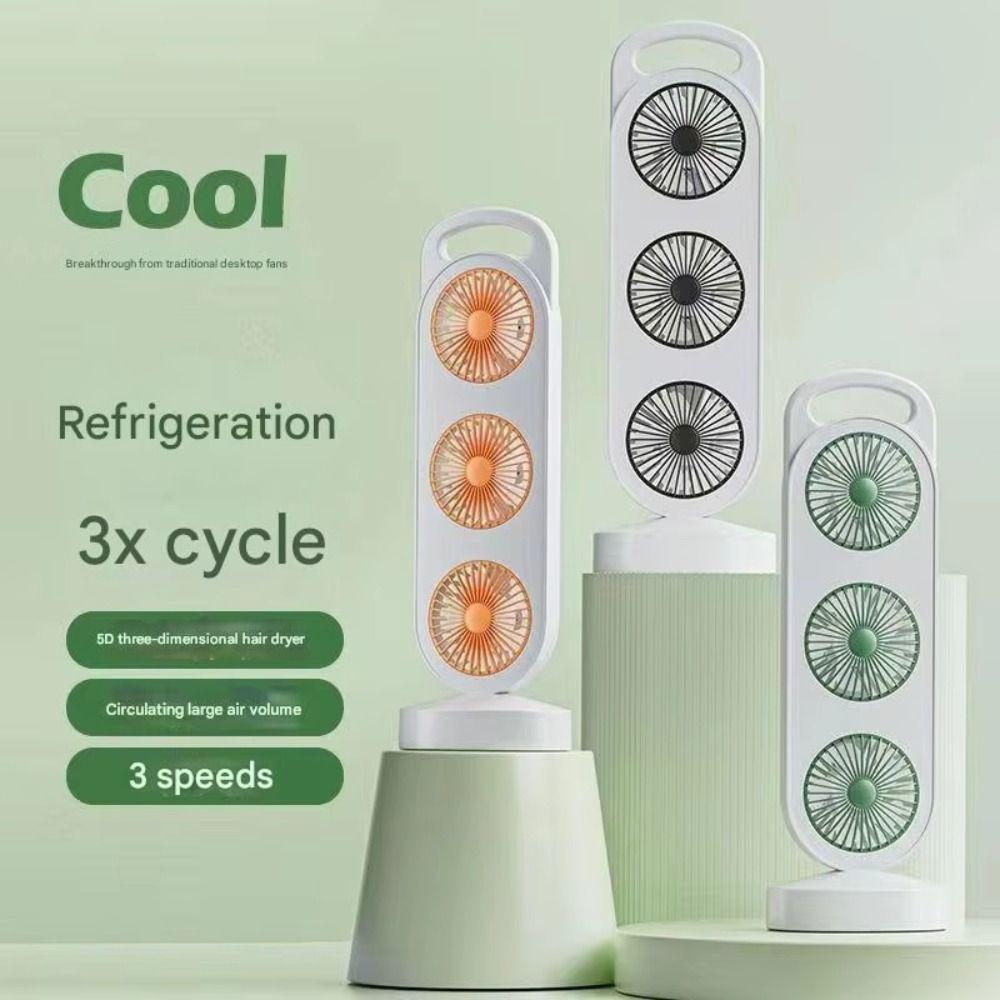 3-Head Desktop Fan Long Battery Life USB Type-C Portable Cooling Fan Triple Turbine Design 3 Speed Settings Turbine Desktop Fan