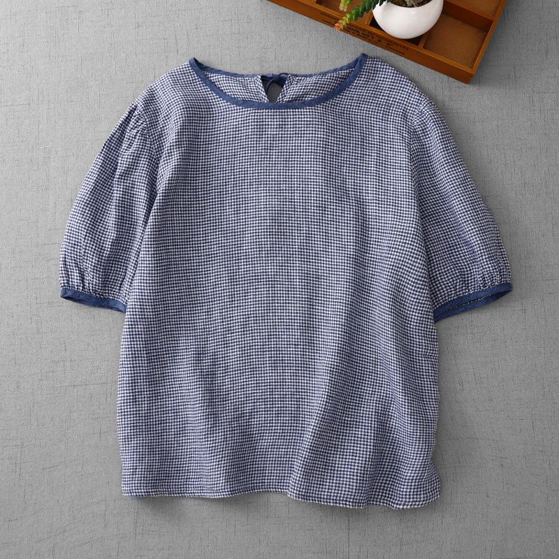 

Japanese Style Plaid Women s Summer Top: Color Block, Piping, Round Neck, Back Tie, Loose Fit, Versatile, Age-Reducing XL синий