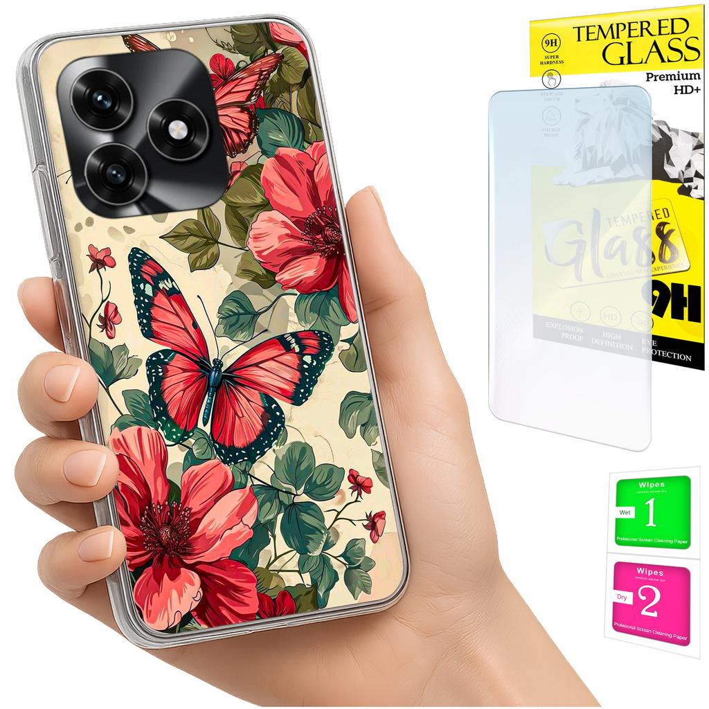 Hülle für Honor X5C Plus / X5C 4G Hülle Foto Case Rückseite Schmetterlinge + Glas 9H
