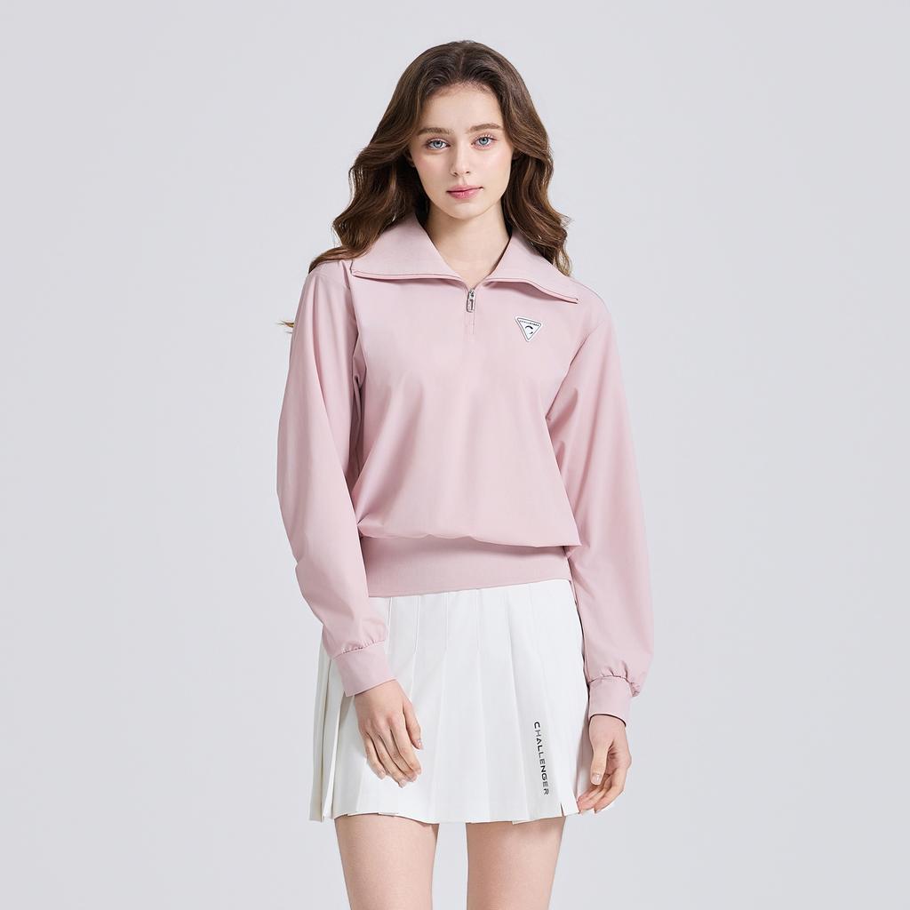 CHALLENGER Women'S Tricot White Collar Shirred Long Sleeve T-Shirt Light Pink