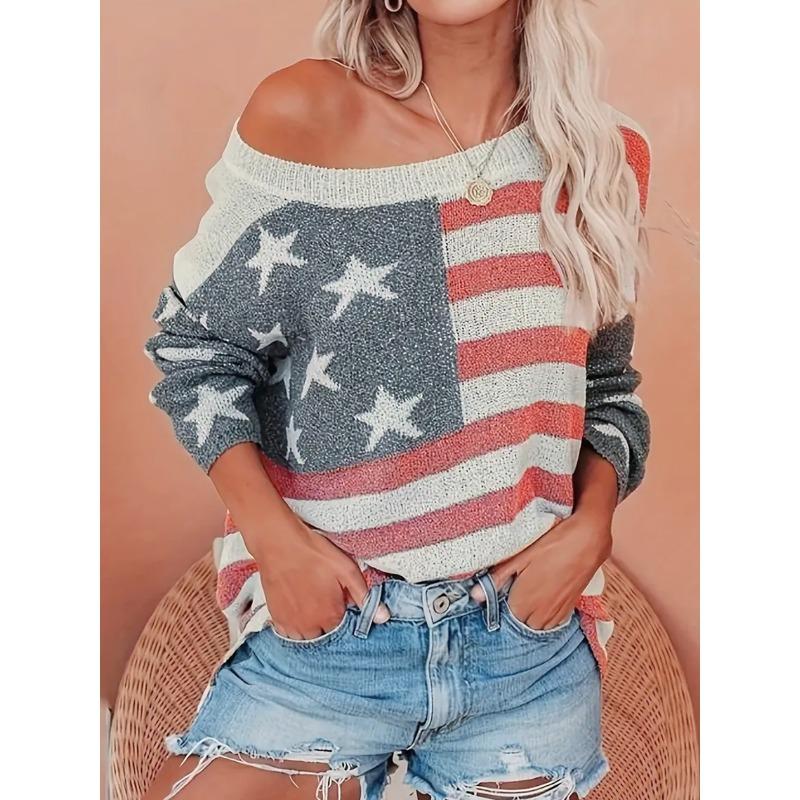 VEZFAA Women s Fashion Casual Fall Winter Star Print Long Sleeve Oblique Collar Sweaters S
