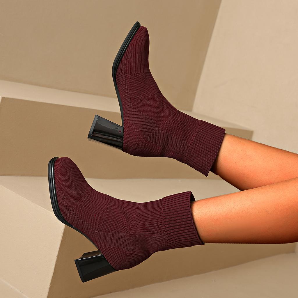 Fashion Aphixta Wine Red Cotton Fabric Women Ankle Boots 6.5cm High Heels Modern Boots Big Size42 Shoes Woman Boats Botines Para Mujeres