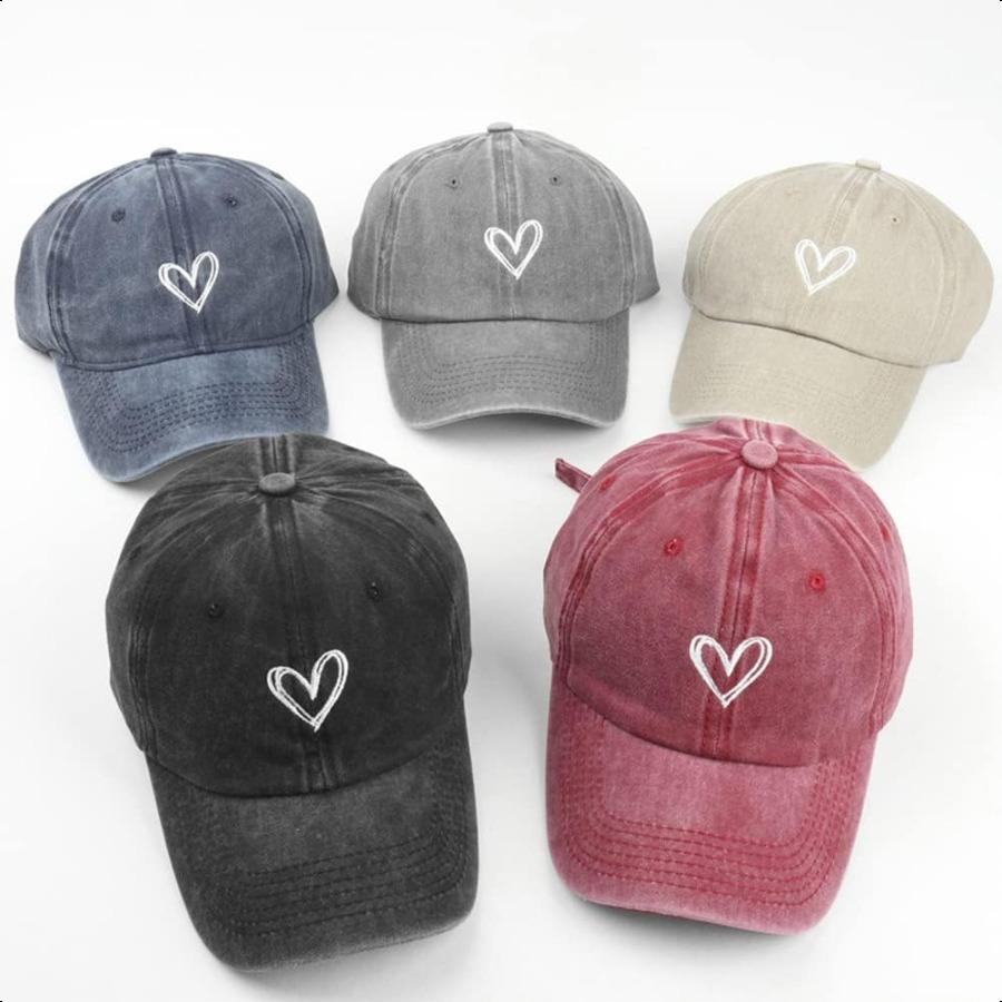 Women's  Washed Baseball Cap Cute Heart Embroidered Sun Hat Adjustable Distred Dad Caps UV Protection Summer Hats