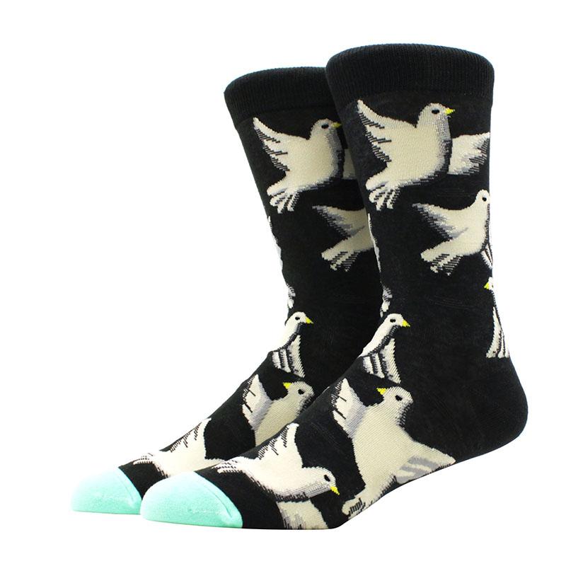 Roliga glada herrstrumpor med grafisk design, kammad bomull, omelett, groda, galen klocka, lax, majs, fågel, fisk, strumpa, julklapp