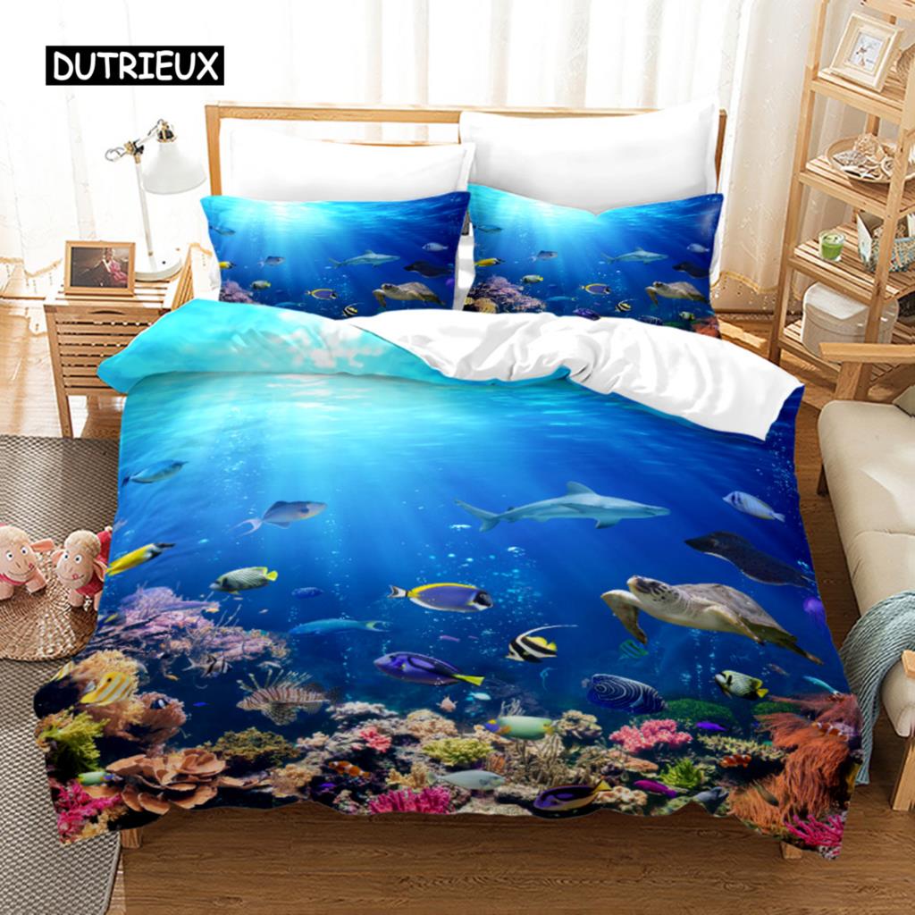 Ocean Duvet Cover Set Polyester Underwater World Clownfish Shark Quilt Cover Sea Animal Theme Double Queen King Size Bedding Set