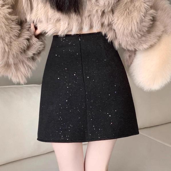 Korean Sequin Woolen High-Waist A-Line Skirt, Anti-Exposure, Autumn/Winter Style for Girls