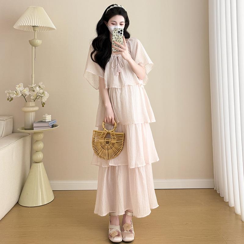 

New 2026 Summer Maternity French Style Loose Slimming Sweet Cake Dress 2XL рожевий/помаранчевий
