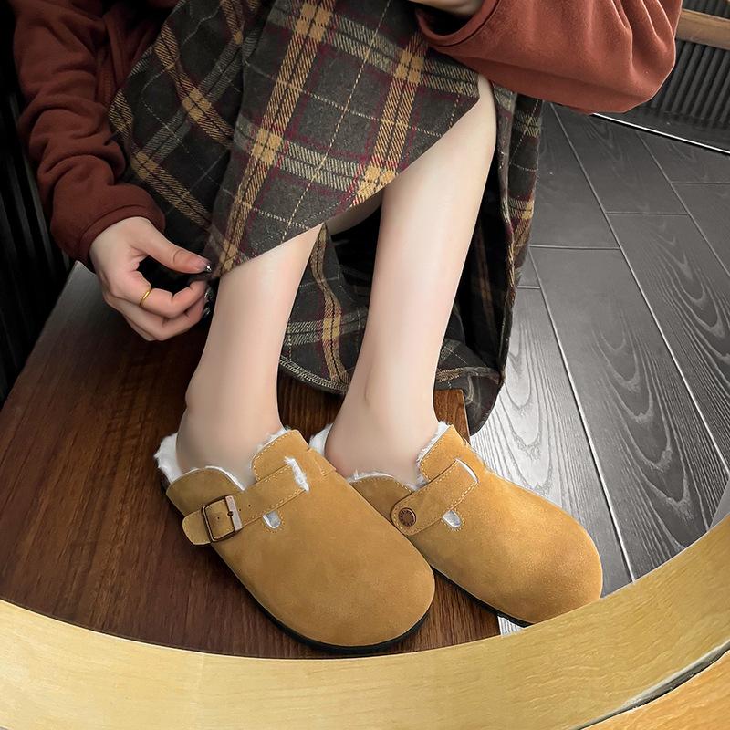 Leather women's one-pedal warm fluffy slippers women's outer bag head half slippers slippers