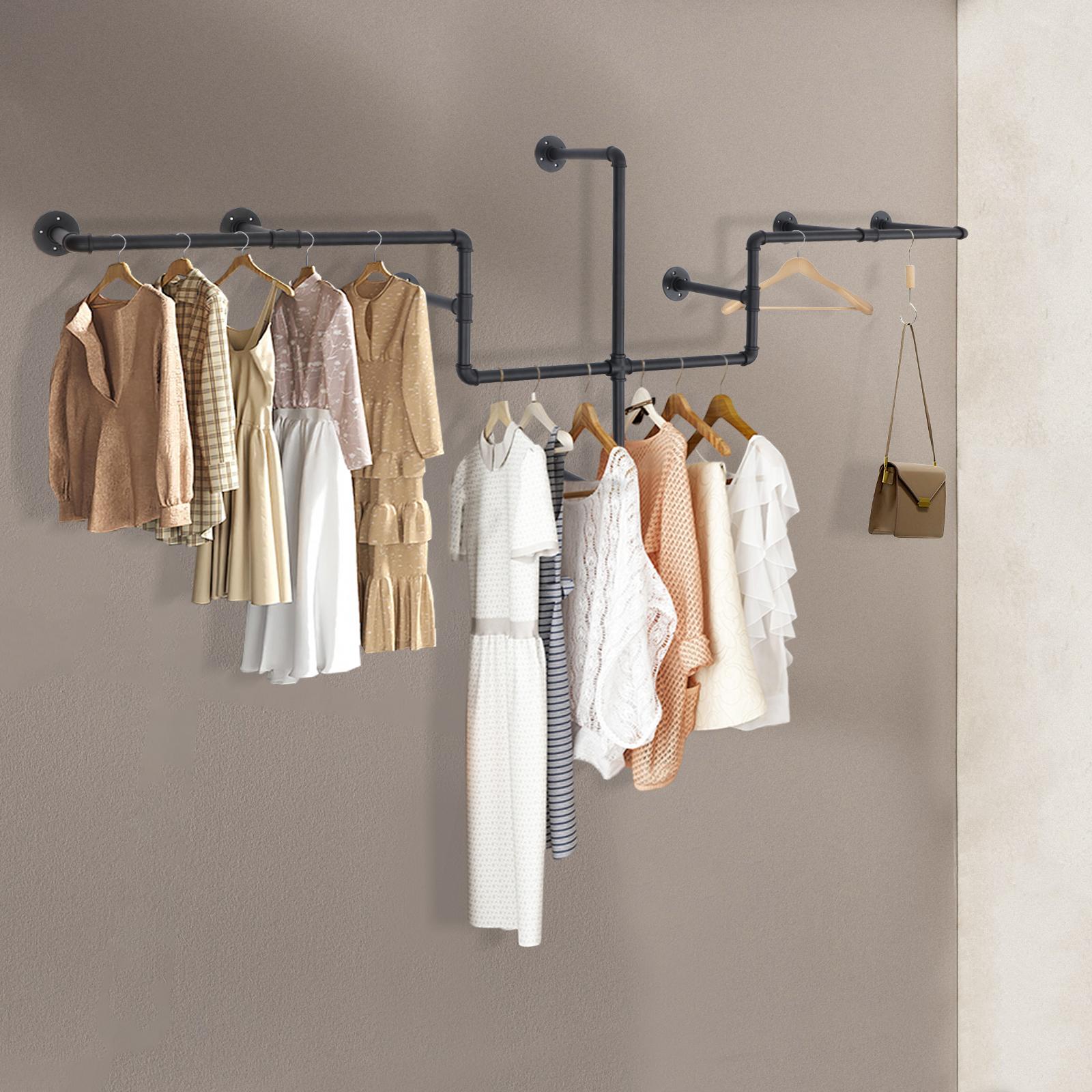 

Industrial Pipe Clothing Rack, Wall Mounted Garment Hanger, Iron Display Rack with Adjustable Bars, 85.83 Inch Length, Black чорний