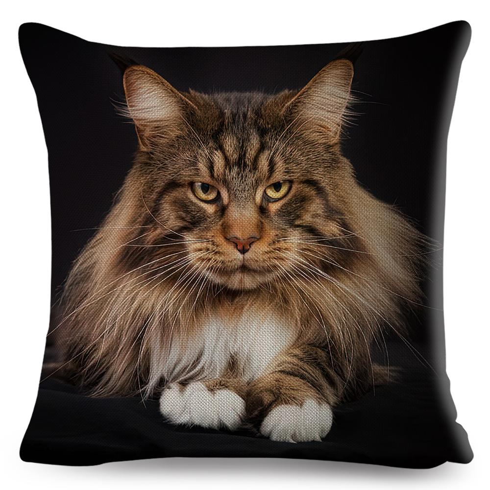 Maine Coon Cat Portrait Cushion Cover Realistic Animal Print Double Sided Soft Linen Home Decor Pillow Case