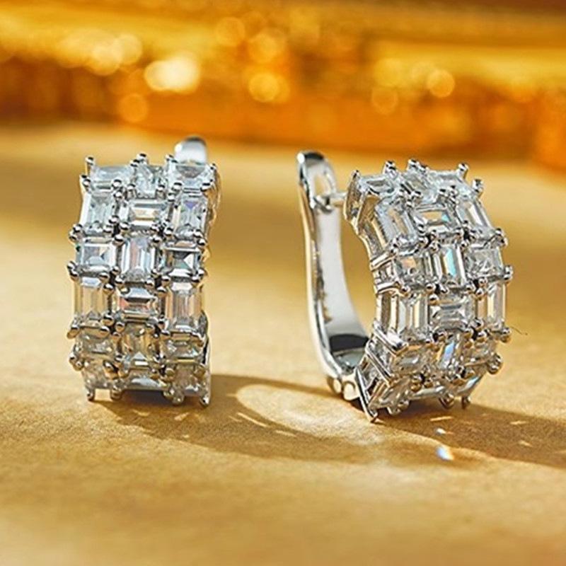 Multi-Row Emerald Cut Baguette Cubic Zirconia Paved Curved Hoop Earrings Silver Tone Snap Closure Elegant Formal Ladies Accessories