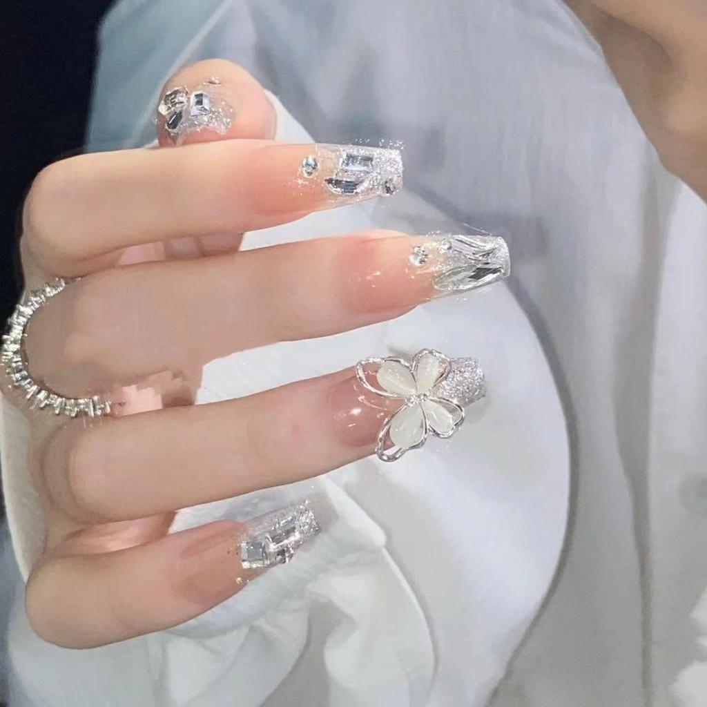10pcs/set Handmade Fake Nails Nail Stickers Exploding Silver Diamond Cat's Eye Stone Bow Wearable Nails Removable