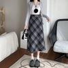Plus Size Korean-Style Plaid Wool Skirt with Belt for Women