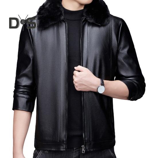 

Мужская куртка из искусственной кожи со съемным меховым воротником, приталенная, застежка-молния, однотонная куртка, пальто с карманами, плюшевая подкладка, зимнее пальто M чёрный