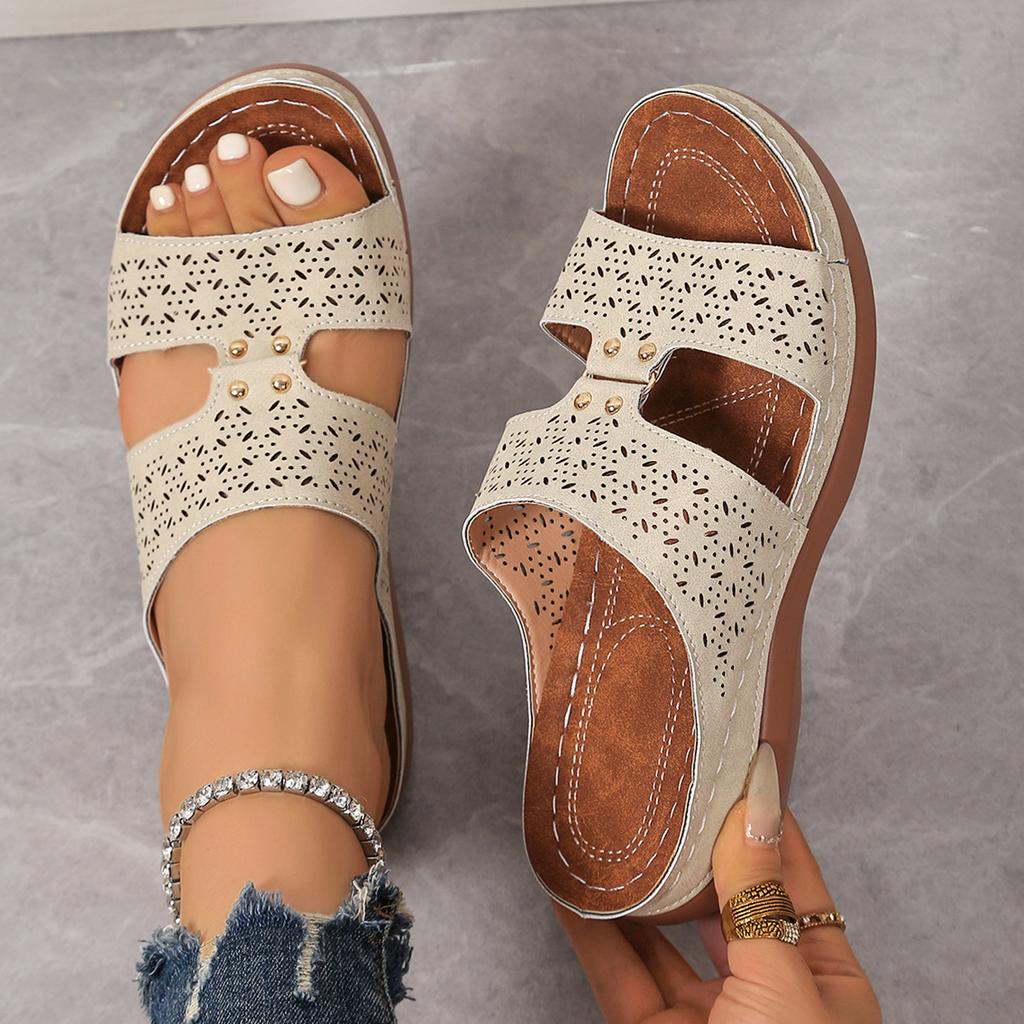 2026 Summer Women Wedge Slippers Round Toe Open Toe Sandals Vintage Leather Casual Female Platform Retro Shoes
