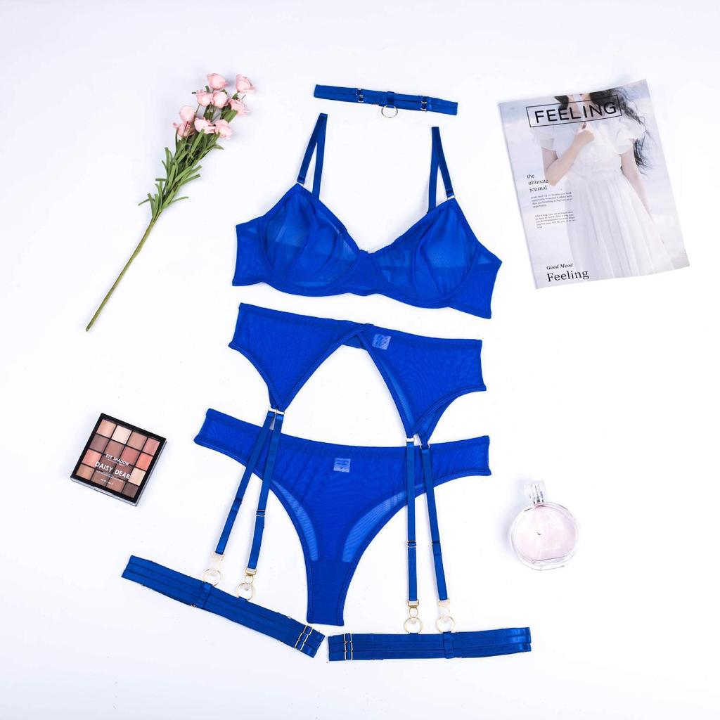 Sexy erotic underwear solid color ultra-thin mesh yarn perspective temptation big chest small thong five-piece set