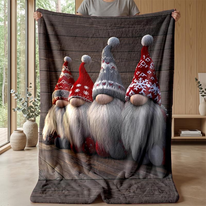 Festive Christmas Gnome with Tree and Heart Theme Blanket Lightweight Warm Flannel Blanket Decorative Throw Blanket for Home Decoration