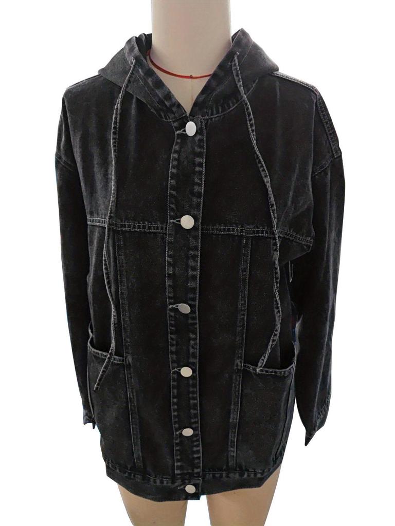 Women's Retro Black Hooded Denim Jacket - Early Spring Fashion for Europe