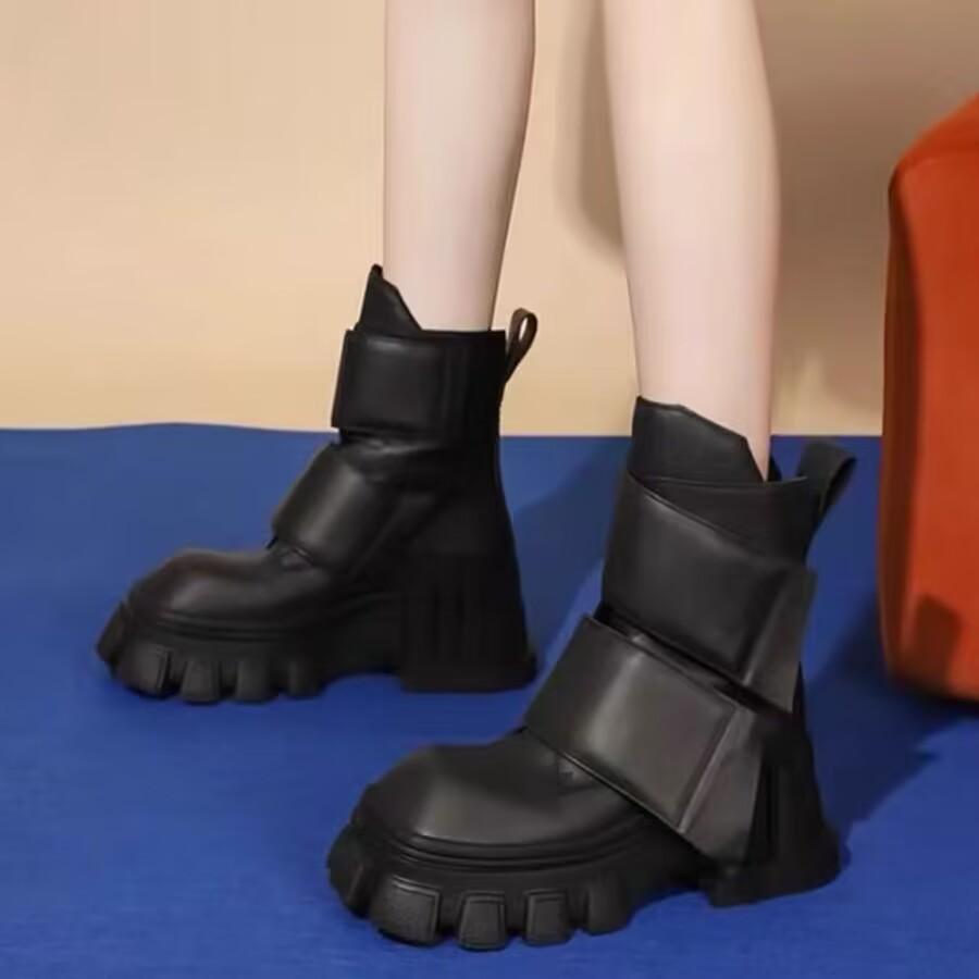 Fashion NEW Women Motorcycle Chunky Platform Boots Luxury Square head Mid-Calf Lace Up Bandage Winter Boots Casual Black Ankle Boots