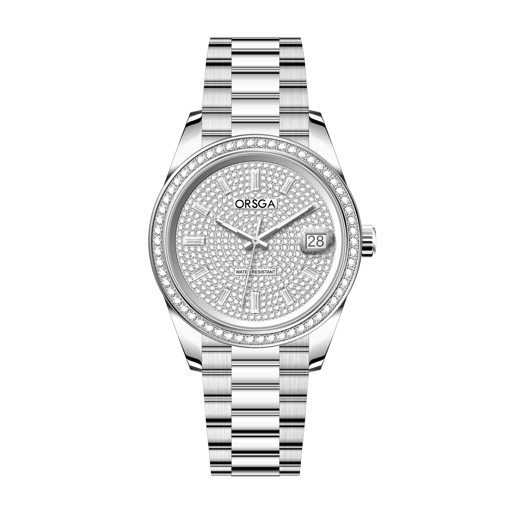 Bling Watches for Men Business QUARTZ Movement Waterproof Crystal Bezel Steel Strap Watch with Butterfly Clasp Full Silver серебряный