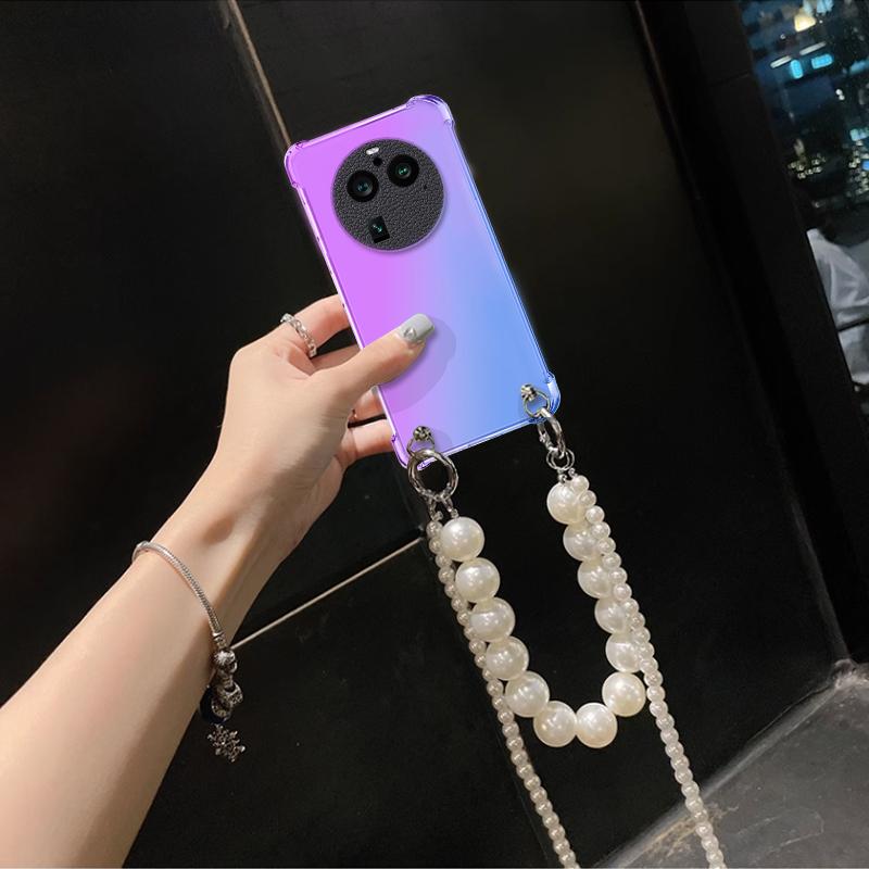 

Чохол для намиста з перламутровим шнурком через плече для OPPO Find X6 X5 X3 X2 Pro Lite X3 NEO X2 Neo Браслет-ланцюжок, прозора градієнтна силіконова задня кришка телефону For Find X2