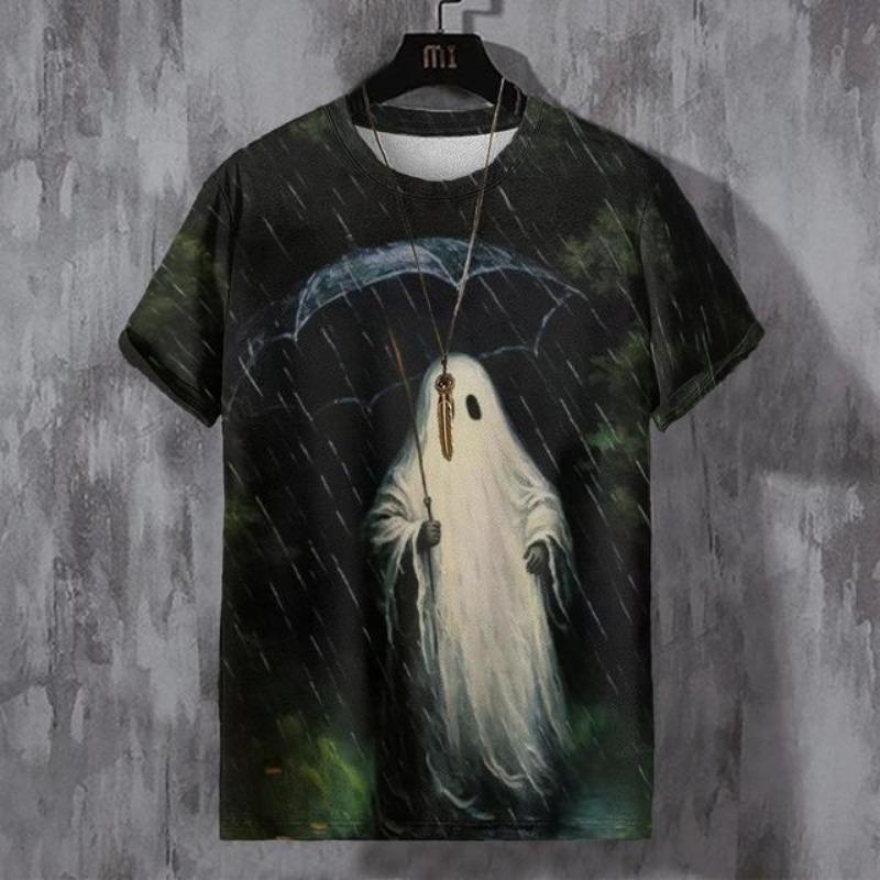 Men's Halloween T-shirt 3D Printed Ghost Pattern T-shirt Casual Round Neck Short Sleeved T-shirt Oversized Y2K Men's Top