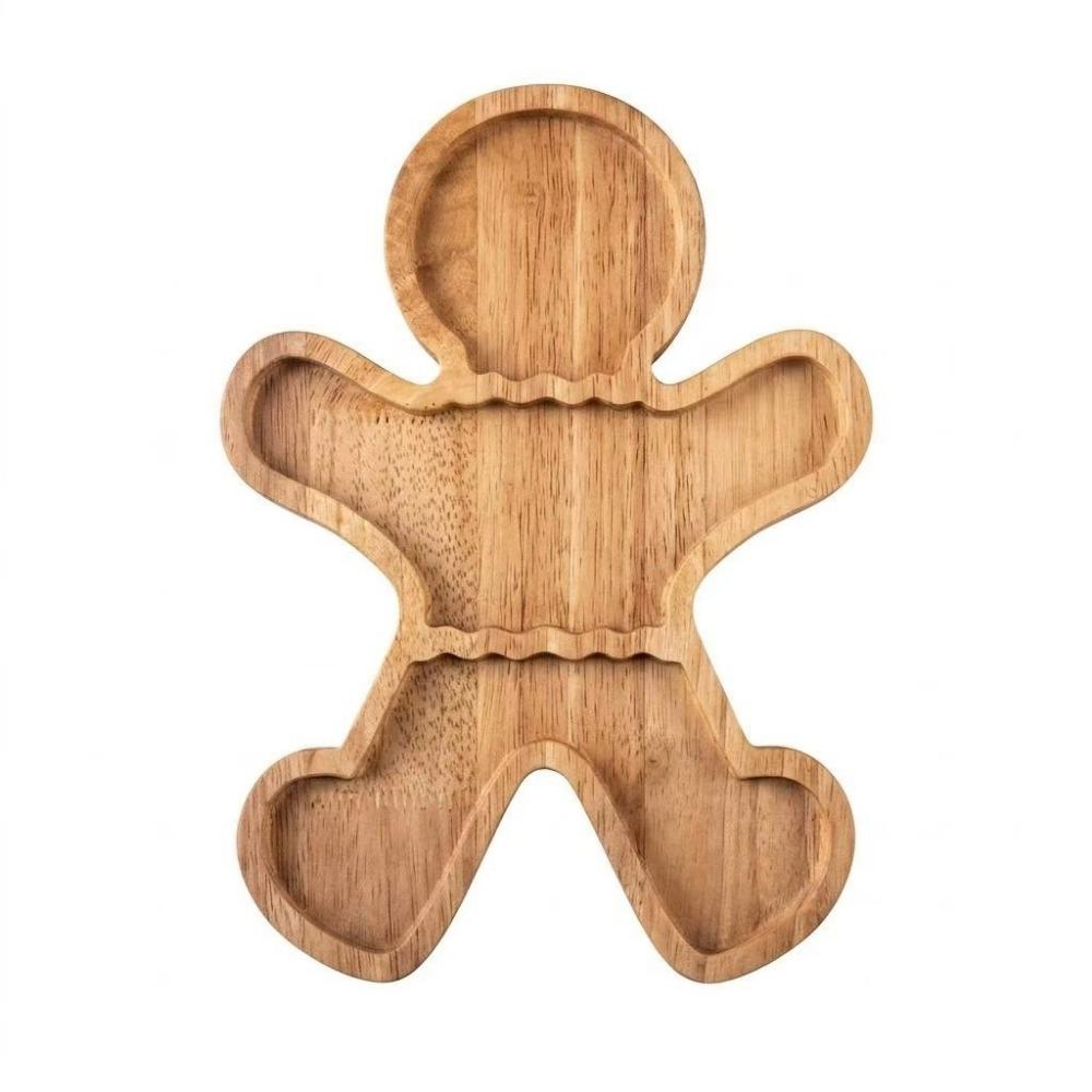 Wood Christmas Storage Tray Divided Compartments Gingerbread-Shaped Design Divided Tray Xmas Gloves Non-Food Contact Surface
