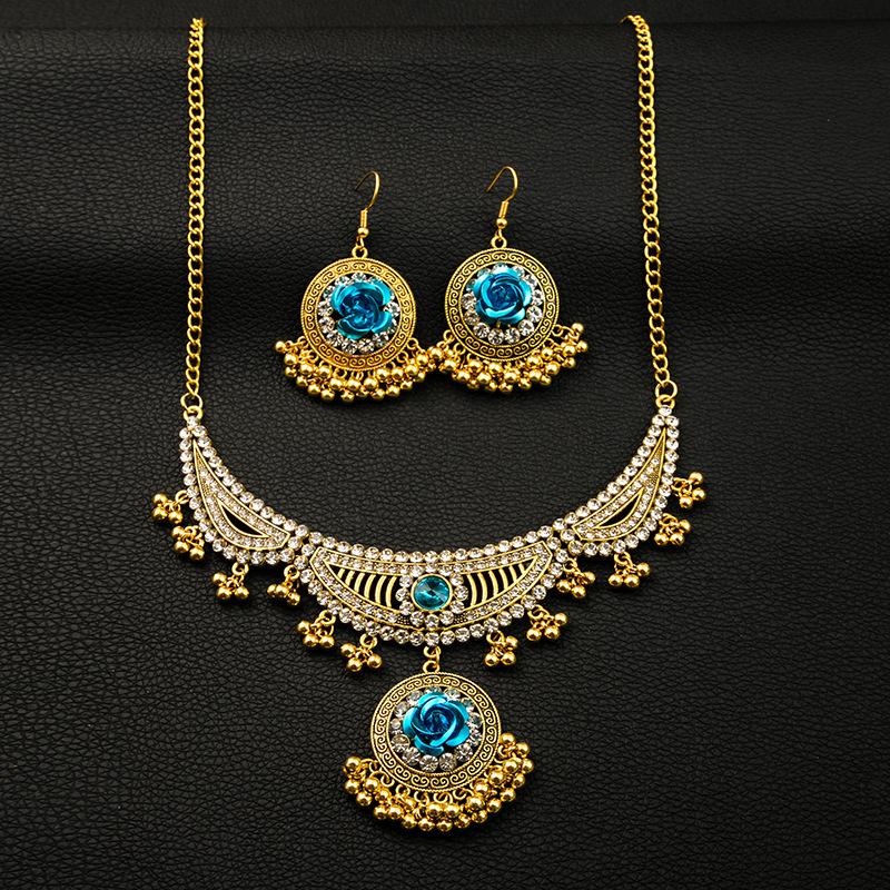 Metal Rose Necklace, Exotic Retro Ruby Earrings, Fashionable Literary Tassel Set