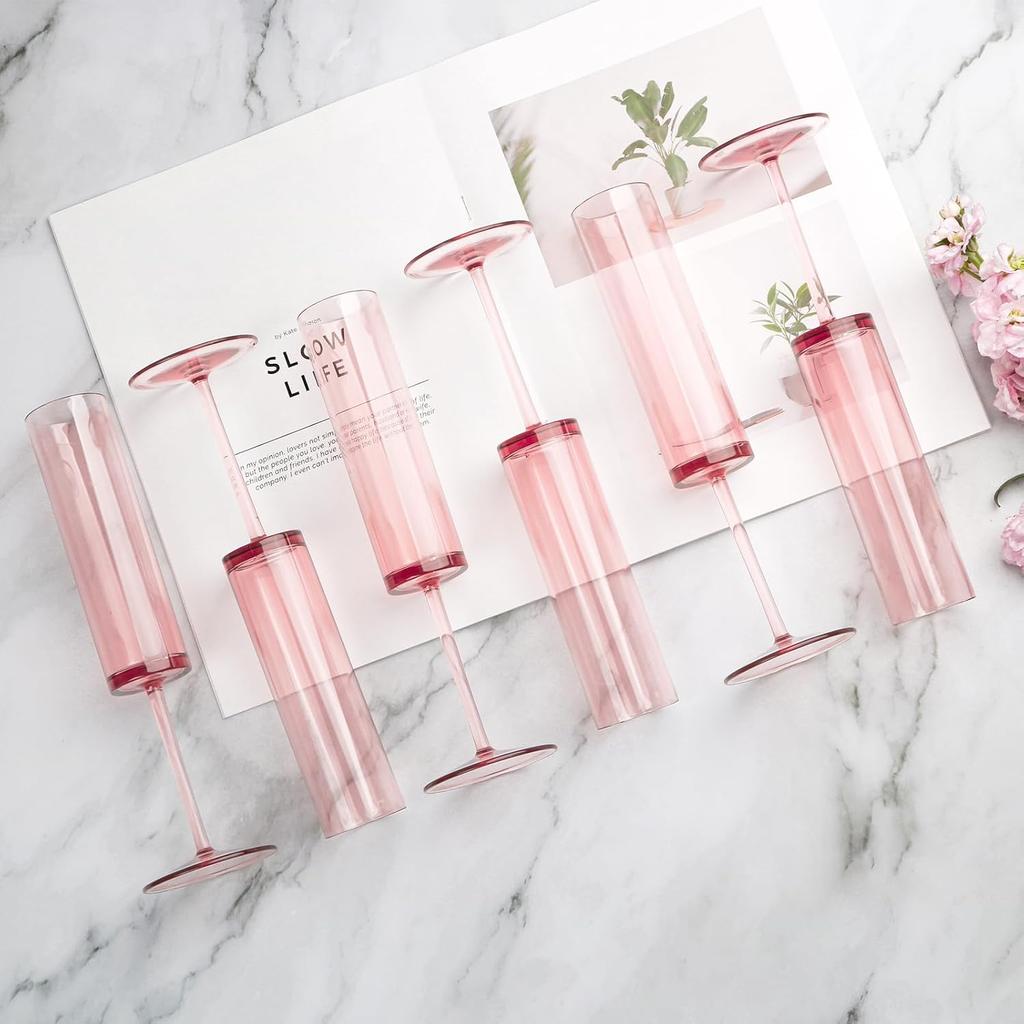 24pcs Pink Acrylic Champagne Flutes 5.4oz Stemmed Coupes for Wedding, Birthday, Anniversary