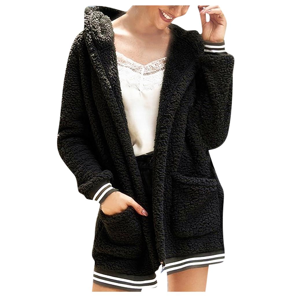 Women's  And Winter Loose Solid Color Stitching Long-Sleeved Pockets Plush Hooded Cardigan Coat