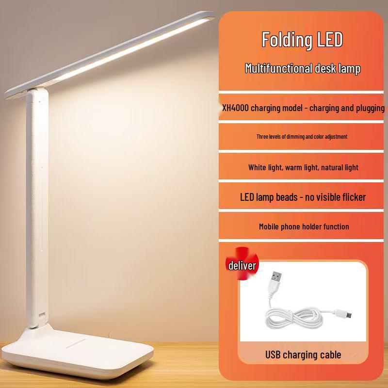 Rechargeable LED Desk Lamp: Eye-Protecting, Foldable, Three-Color Dimming for Students and Bedside Use