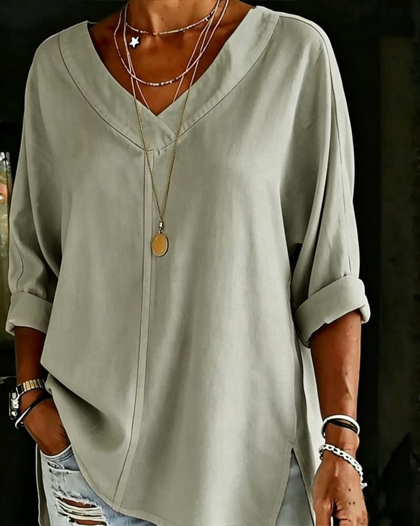 2026 Amazon European and American Cross-border Women's Clothing Street Fashion Solid Color V-neck Loose Top Long Sleeve Cotton and Linen Shirt