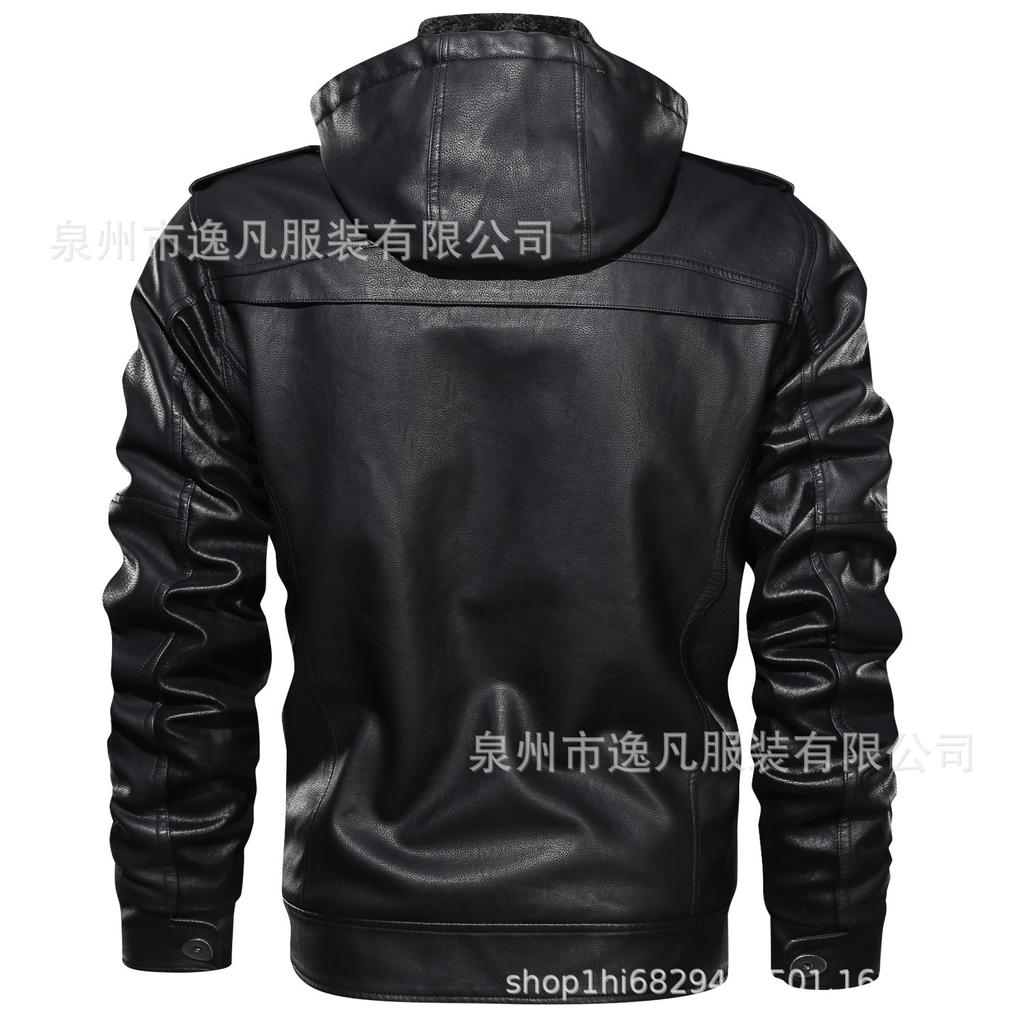 New product men's jacket European and American wash faded fleece thickened hooded pu leather jacket trendy large size