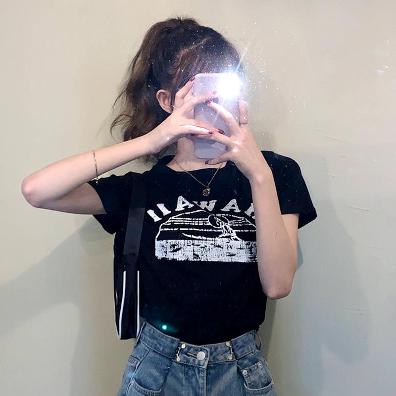 

American retro black short-sleeved T-shirt women s summer new design hot girl short student on clothes M чёрный
