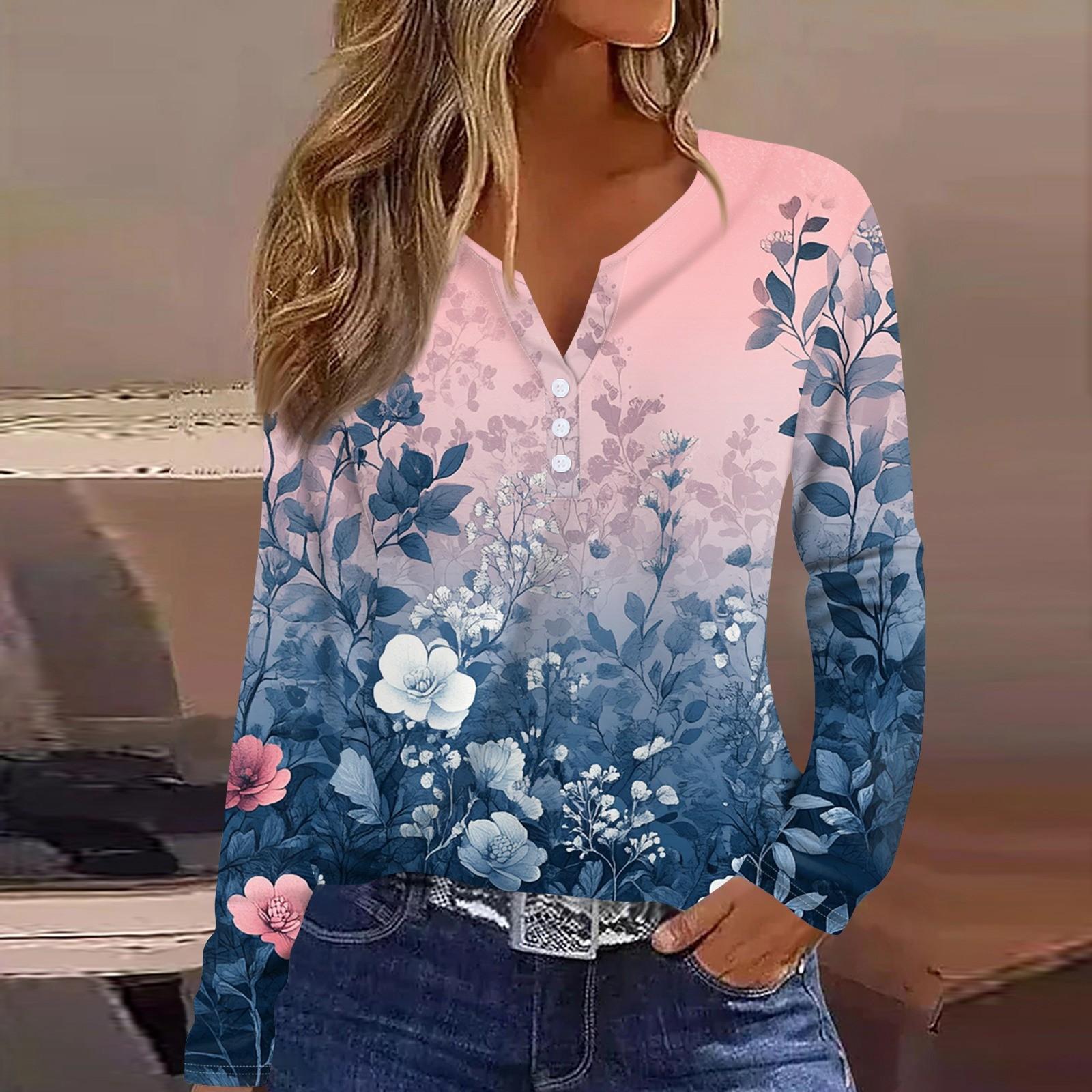 Жен. Футболка Футболка С принтом Пуговицы Длинный рукав Повседневные Выходные Мода — фото 8